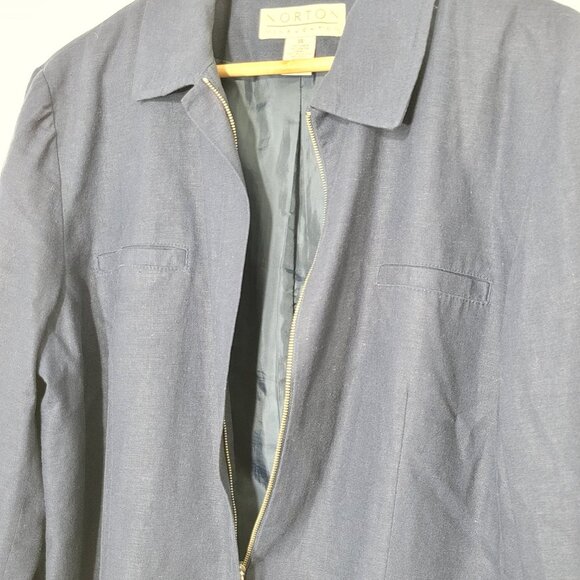Norton McNaughton 💚 Navy Blue Woven Linen Blend Blazer Jacket Casual Lined 14 - Picture 6 of 8